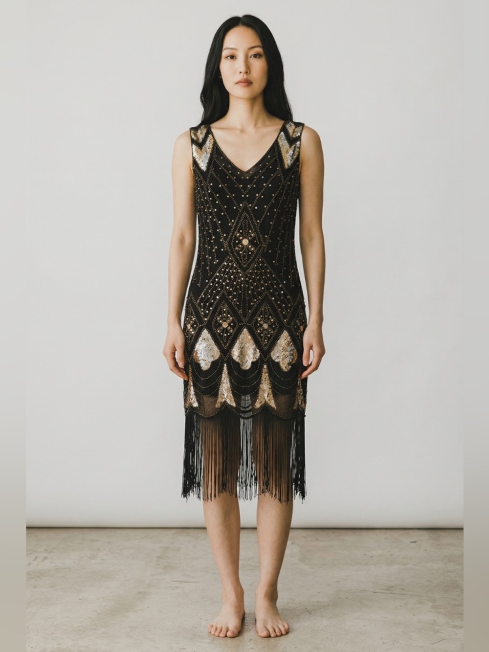 Unique Vintage Black & Gold Beaded Fringe Midi Dress